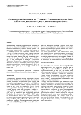 Echinoparyphium Limosorum N. Sp. (Trematoda: Echinostomatidae) from Black- Tailed Godwit, Limosa Limosa (Aves, Charadriiformes) in Slovakia