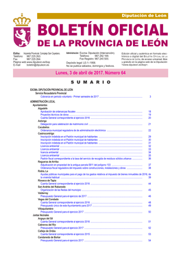 BOLETÍN OFICIAL DE LA PROVINCIA DE LEÓN Edita: Imprenta Provincial