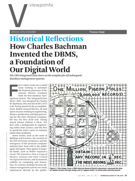 Historical Reflections How Charles Bachman Invented the DBMS, a Foundation of Our Digital World