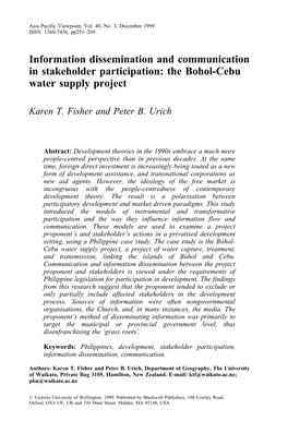 Information Dissemination and Communication in Stakeholder Participation: the Bohol-Cebu Water Supply Project