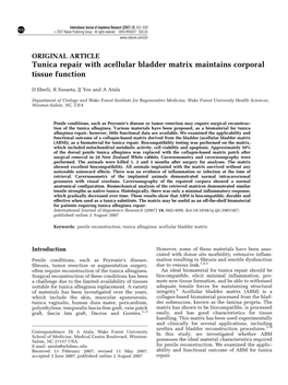 Tunica Repair with Acellular Bladder Matrix Maintains Corporal Tissue Function