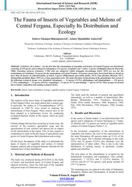 The Fauna of Insects of Vegetables and Melons of Central Fergana, Especially Its Distribution and Ecology