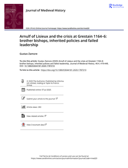 Arnulf of Lisieux and the Crisis at Grestain 1164–6: Brother Bishops, Inherited Policies and Failed Leadership