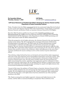 For Immediate Release LDF Media Thursday, January 7, 2020 212-965-2200 / Media@Naacpldf.Org