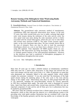 Remote Sensing of the Heliospheric Solar Wind Using Radio Astronomy Methods and Numerical Simulations