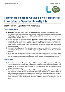 Tanyptera Project Aquatic and Terrestrial Invertebrate Species Priority List