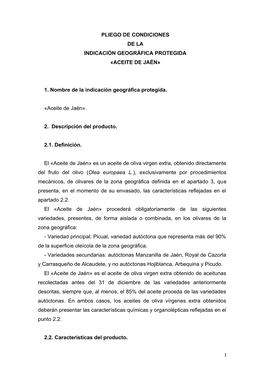 Pliego De Condiciones De La Indicación Geográfica Protegida «Aceite De Jaén»