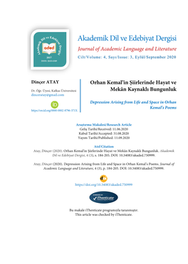 Akademik Dil Ve Edebiyat Dergisi Journal of Academic Language and Literature Cilt/Volume: 4, Sayı/Issue: 3, Eylül/September 2020