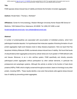 FAIM Opposes Stress-Induced Loss of Viability and Blocks the Formation of Protein Aggregates