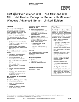 IBM Xseries 380 — 733 Mhz and 800 Mhz Intel Itanium Enterprise Server with Microsoft Windows Advanced Server, Limited Edition