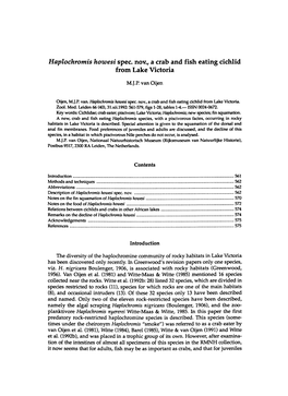 Haplochromis Hozvesi Spec, Nov., a Crab and Fish Eating Cichlid from Lake Victoria