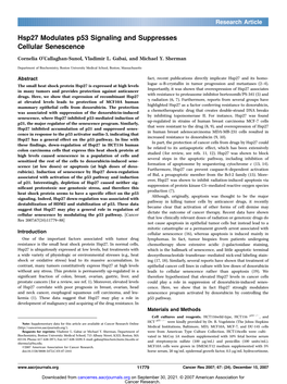 Hsp27 Modulates P53 Signaling and Suppresses Cellular Senescence