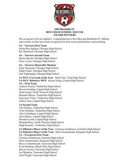 2009 Blackhills FC BOYS HIGH SCHOOL SOCCER AWARD WINNERS