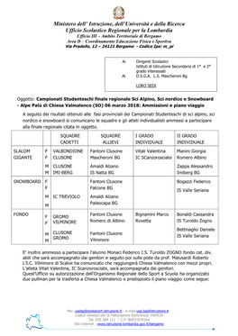 Ministero Dell' Istruzione, Dell'università E Della Ricerca Ufficio Scolastico Regionale Per La Lombardia