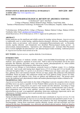 Phyto-Pharmacological Review of Argyreia Nervosa A