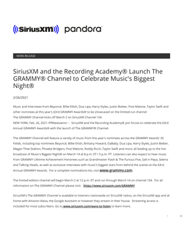 Siriusxm and the Recording Academy® Launch the GRAMMY® Channel to Celebrate Music's Biggest Night®