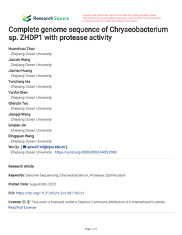 Complete Genome Sequence of Chryseobacterium Sp. ZHDP1 with Protease Activity