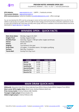 Winners Open – Quick Facts Main Draw