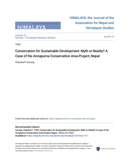 Myth Or Reality? a Case of the Annapurna Conservation Area Project, Nepal