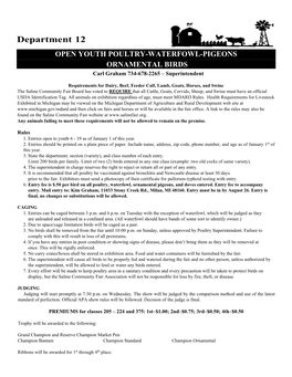 OPEN YOUTH POULTRY-WATERFOWL-PIGEONS ORNAMENTAL BIRDS Carl Graham 734-678-2265 – Superintendent