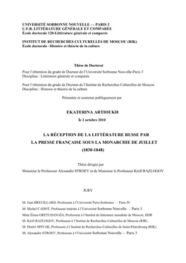 Ekaterina Artioukh La Réception De La Littérature Russe Par La Presse Française Sous La Monarchie De Juillet