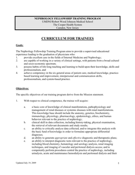 NEPHROLOGY FELLOWSHIP TRAINING PROGRAM UMDNJ/Robert Wood Johnson Medical School the Cooper Health System Camden, New Jersey