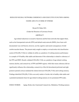 REDUCED NEURAL NETWORK COHERENCE and EXECUTIVE FUNCTION AMONG OLDER ADULTS AT-RISK of STROKE by Bryant M. Duda, M.S. (Under