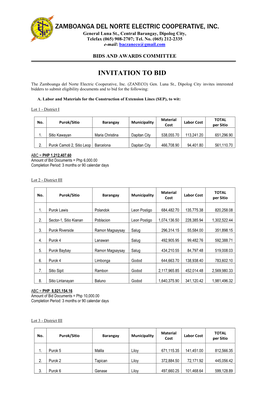 Invitation to Bid Zamboanga Del Norte Electric Cooperative, Inc