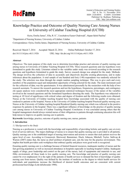 Knowledge Practice and Outcome of Quality Nursing Care Among Nurses in University of Calabar Teaching Hospital (UCTH)