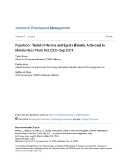 Population Trend of Herons and Egrets (Family: Ardeidae) in Marala Head from Oct 2000- Sep 2001