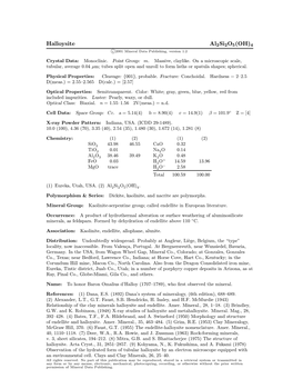 Halloysite Al2si2o5(OH)4 C 2001 Mineral Data Publishing, Version 1.2 ° Crystal Data: Monoclinic