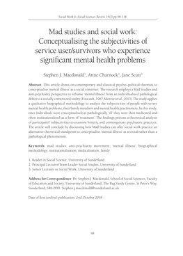 Mad Studies and Social Work: Conceptualising the Subjectivities of Service User/Survivors Who Experience Significant Mental Health Problems