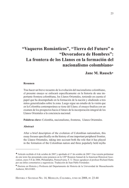 “Tierra Del Futuro” O “Devoradora De Hombres”: La Frontera De Los Llanos En La Formación Del Nacionalismo Colombiano♣