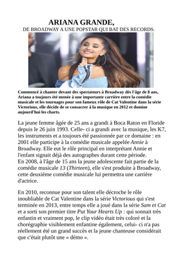 Ariana Grande, De Broadway a Une Popstar Qui Bat Des Records