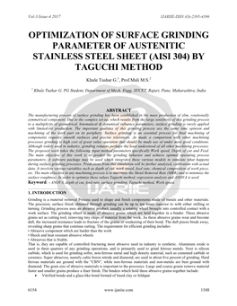 Optimization of Surface Grinding Parameter of Austenitic Stainless Steel Sheet (Aisi 304) by Taguchi Method