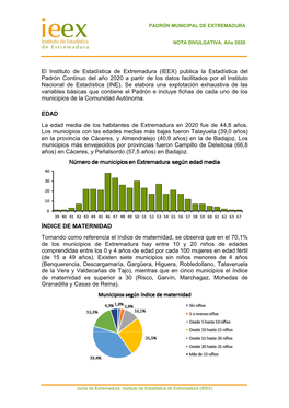 IEEX) Publica La Estadística Del Padrón Continuo Del Año 2020 a Partir De Los Datos Facilitados Por El Instituto Nacional De Estadística (INE)