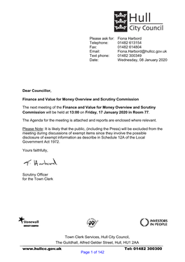 Of the Finance and Value for Money Overview and Scrutiny Commission Will Be Held at 13:00 on Friday, 17 January 2020 in Room 77