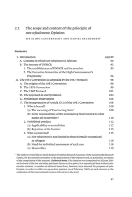 2.1 the Scope and Content of the Principle of Non-Refoulement: Opinion Sir Elihu Lauterpacht and Daniel Bethlehem∗