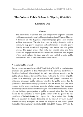 The Colonial Public Sphere in Nigeria, 1920-1943