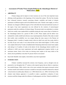 Assessment of Weekly Water Surplus/Deficit in the Ahmednagar District of 2 Maharashtra, India