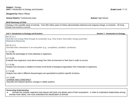 Zoology Unit 1: Introduction to Zoology and Evolution Grade Level: 11-12