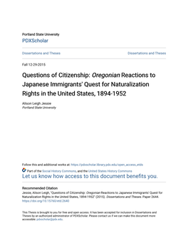 Questions of Citizenship: <I>Oregonian</I> Reactions to Japanese Immigrants' Quest for Naturalization Rights In