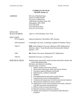 CURRICULUM VITAE David R. Jacobs, Jr ADDRESS Division Of