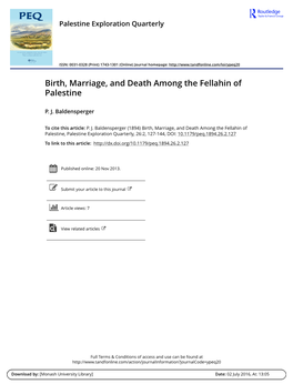 Birth, Marriage, and Death Among the Fellahin of Palestine