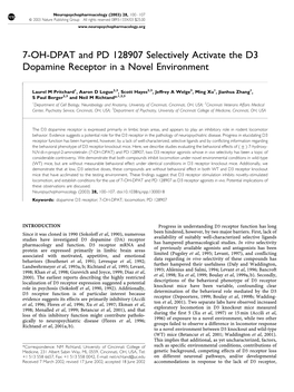 7-OH-DPAT and PD 128907 Selectively Activate the D3 Dopamine Receptor in a Novel Environment