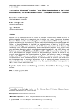 Analyze of the Science and Technology Course TEOG Questions Based on the Revised Bloom Taxonomy and Their Relation Between the Learning Outcomes of the Curriculum