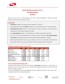 Grupo Sanborns S.A.B. De C.V. Earnings Report 2Q 2017