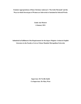 Feminist Appropriations of Hans Christian Andersen's 'The Little Mermaid' and the Ways in Which Stereotypes of Women Are S