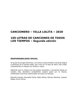 CANCIONERO – VILLA LOLITA – 2020 100 LETRAS DE CANCIONES DE TODOS LOS TIEMPOS – Segunda Edición
