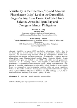 And Alkaline Phosphatase (Alkp) Loci in the Damselfish, Stegastes Nigricans Cuvier Collected from Selected Areas in Iligan Bay and Camiguin Islands, Philippines